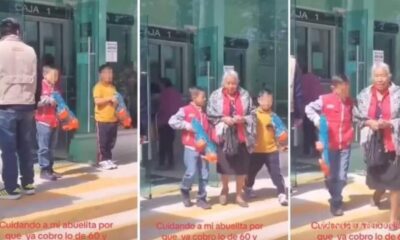Pensión del Bienestar… Niños escoltan a sus abuelitas con pistolas de juguete al cobrar sus 12 mil pesos