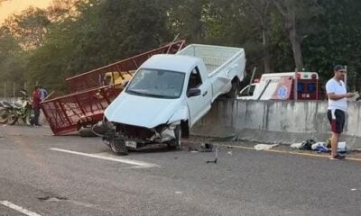¡Camioneta que transportaba cerdos acabó montada en muro de contención en Soconusco, Ver.!
