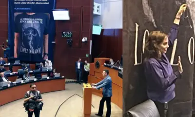 Cuelgan manta con playera de la muerte de Morena en Senado