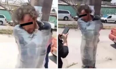 Emplayan a presunto delincuente en poste de luz de Xalapa, Veracruz