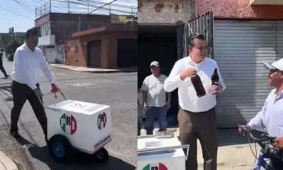 Dirigente del PRI regala caguamas a trabajadores