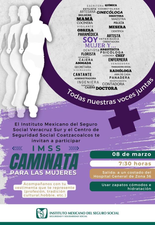 Realizará IMSS Veracruz Sur caminata por Día Internacional de la Mujer
