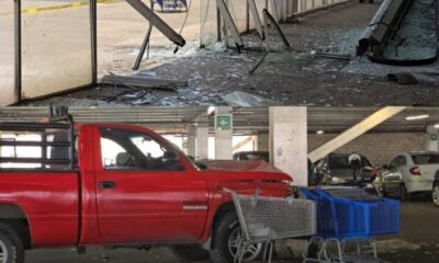 *Camioneta se estrella contra vitral, escaleras eléctricas y termina en el estacionamiento interior de Walmart de Coatzacoalcos*