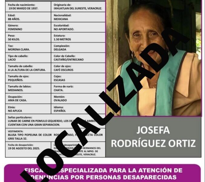 *Localizan con vida a la abuelita Josefa Rodríguez Ortiz tras cuatro días desaparecida en Ixhuatlán del Sureste*