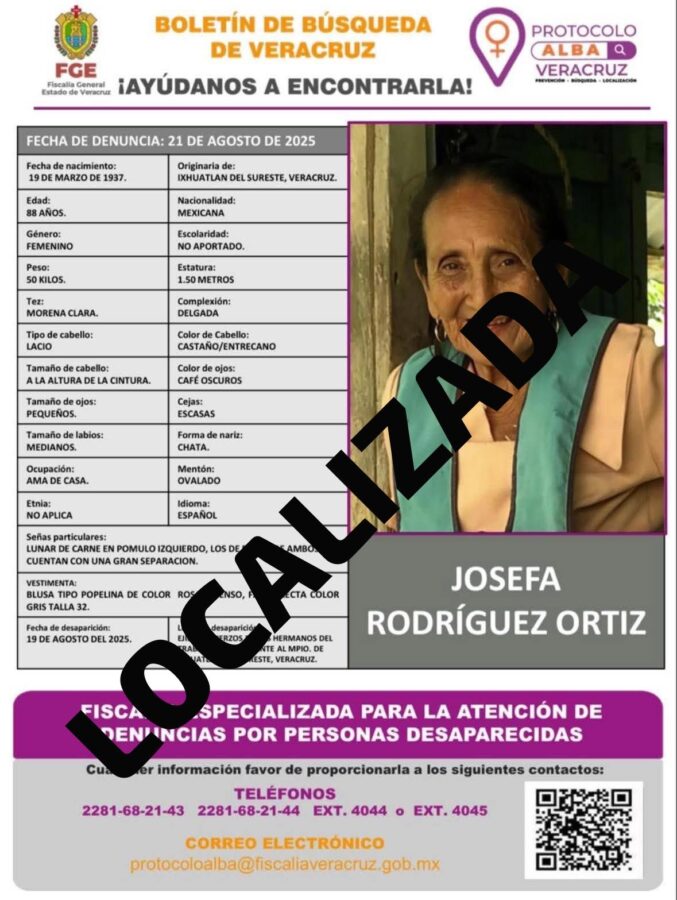 *Localizan con vida a la abuelita Josefa Rodríguez Ortiz tras cuatro días desaparecida en Ixhuatlán del Sureste*