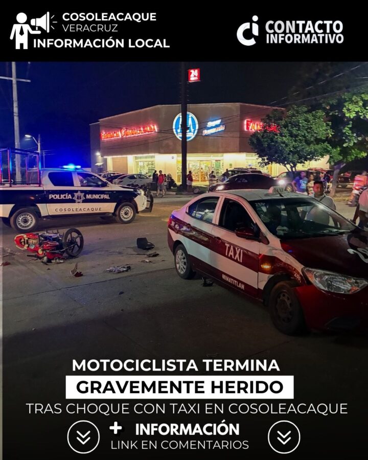 (+VIDEO) Motociclista termina gr@vem3nte h3rid0 tras ch0qu3 con taxi en Cosoleacaque, Ver.