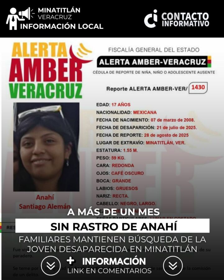 A más de un mes sin rastro de Anahí, familiares mantienen búsqueda de la joven desaparecida en Minatitlán