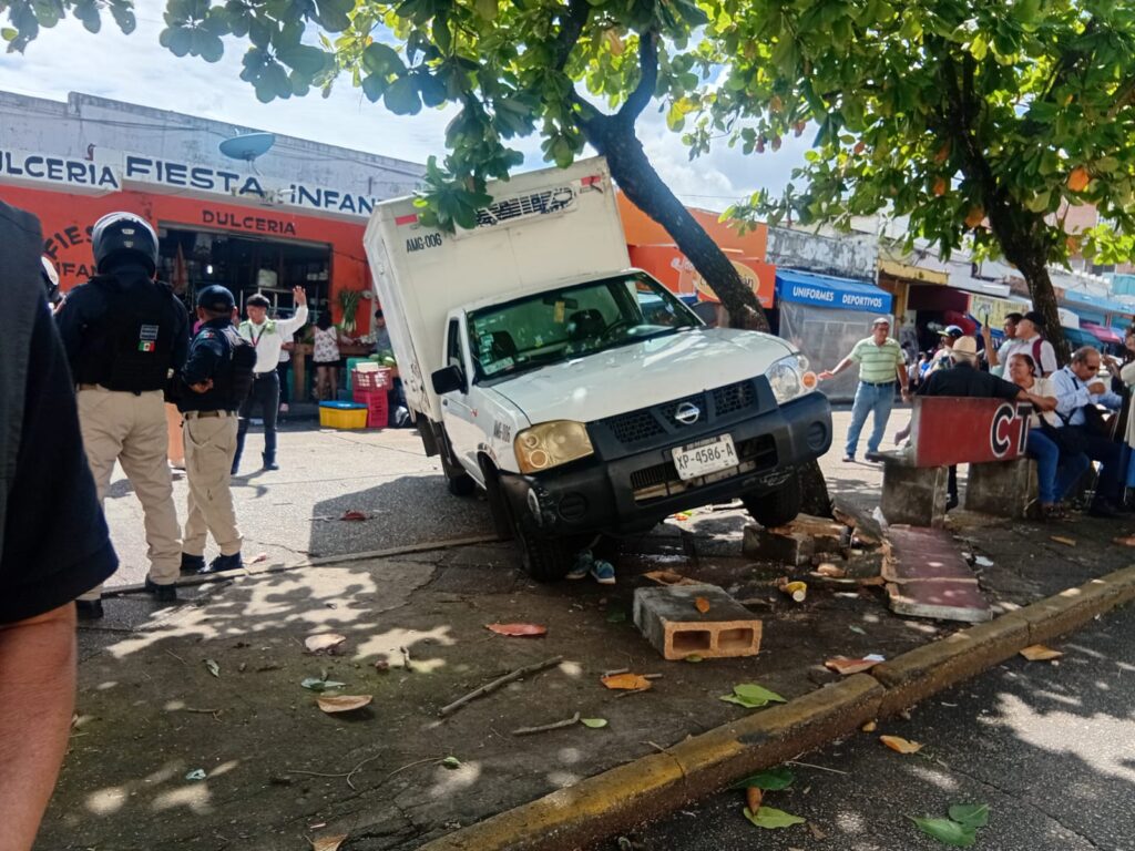 *Camioneta de pescados y mariscos chocó con rama de un árbol y atropelló a tres personas en el centro de Coatzacoalcos, una estaba en silla de ruedas*