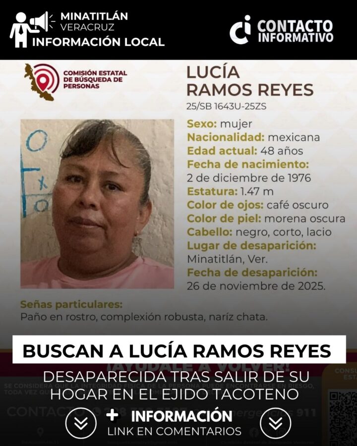 Buscan a Lucía Ramos Reyes, desaparecida tras salir de su hogar en el Ejido Tacoteno
