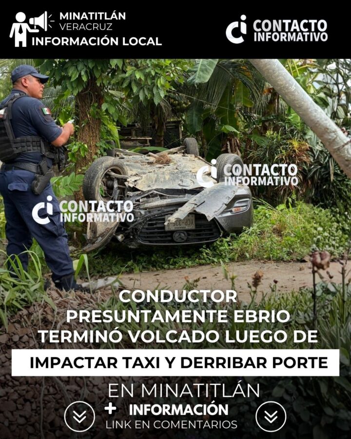 Conductor presuntamente ebrio causa caos vial: taxi impactado, poste derribado y vehículo volcado.
