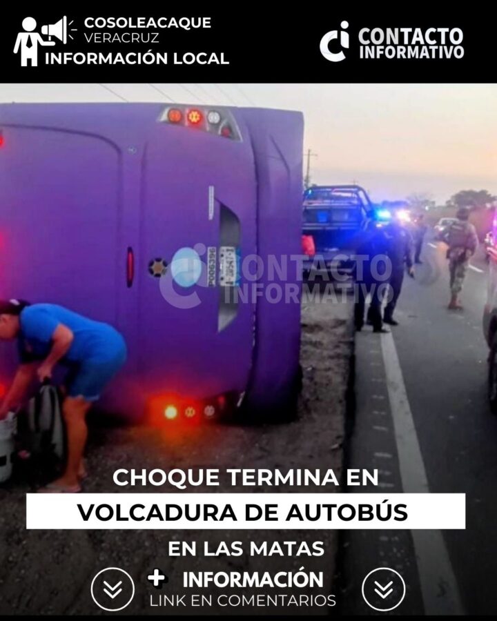 Choque termina en volcadura de autobús en Las Matas