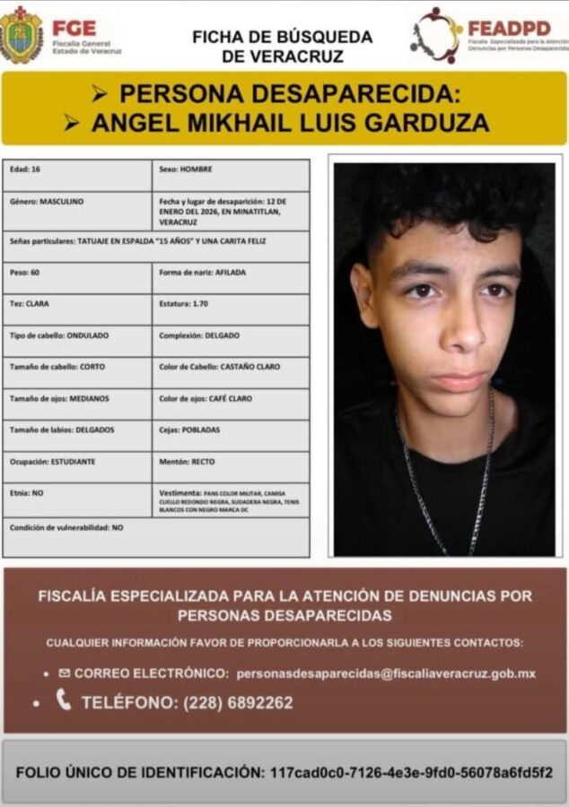 FGE activa ficha de búsqueda por desaparición de menor en Minatitlán