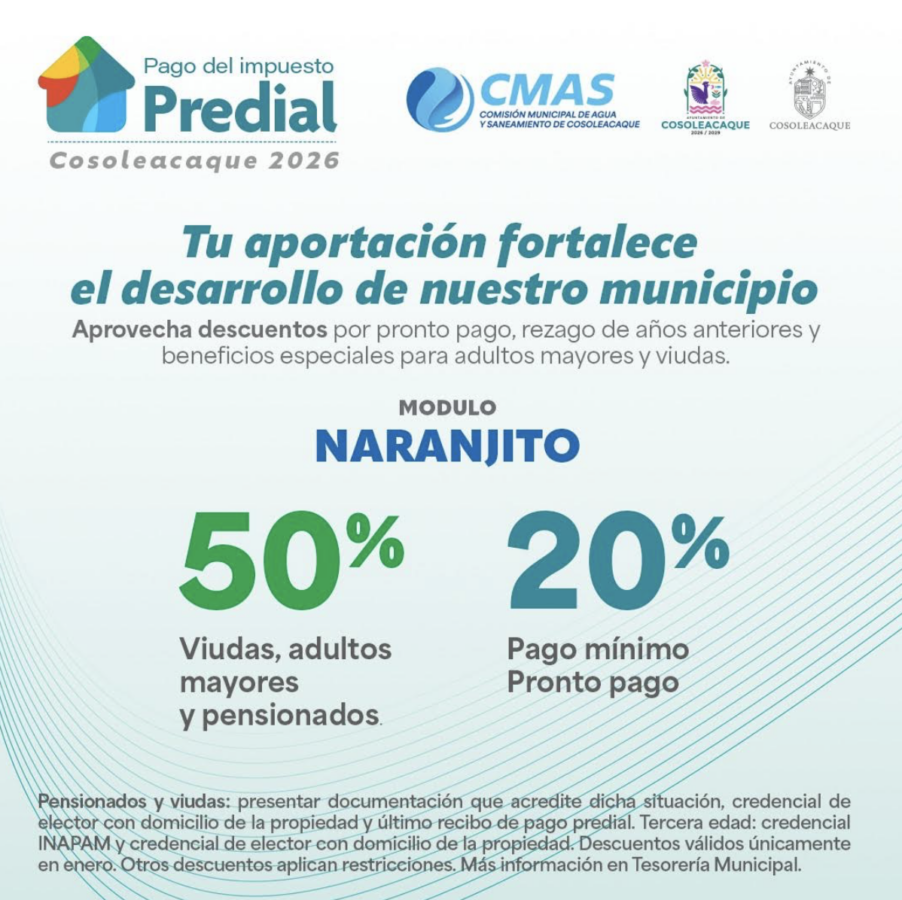 Evita largas filas… A partir de esta semana podrás realizar el pago del predial y agua, en la colonia El Naranjito