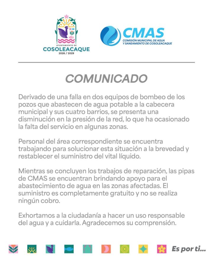 El Ayuntamiento de Cosoleacaque trabaja en la reparación de equipos de bombeo para restablecer el servicio de agua en la cabecera municipal