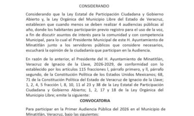 El Gobierno de Minatitlán, que preside el maestro Guillermo Reyes Espronceda, invita a la ciudadanía a participar en la Primera Audiencia Pública.