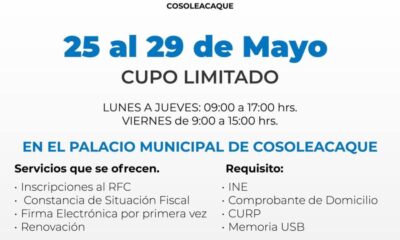 El SAT Móvil llega a #Cosoleacaque del 25 al 29 de mayo en los bajos del Palacio Municipal