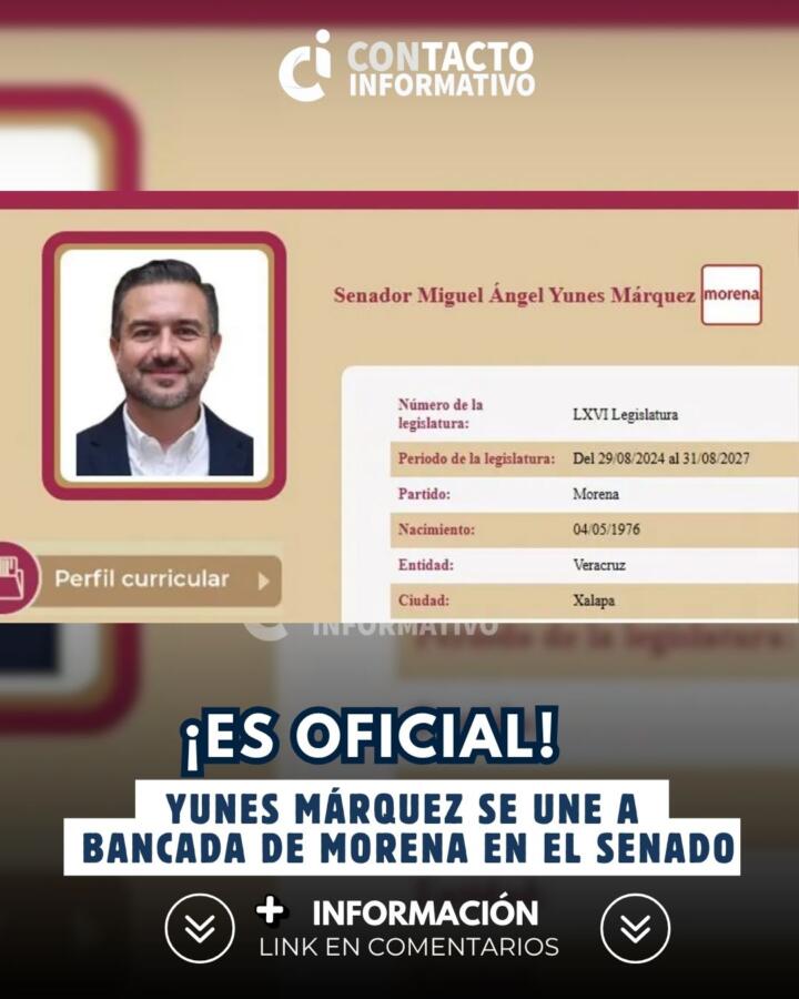 ¡Es oficial! Yunes Márquez se une a bancada de Morena en el Senado