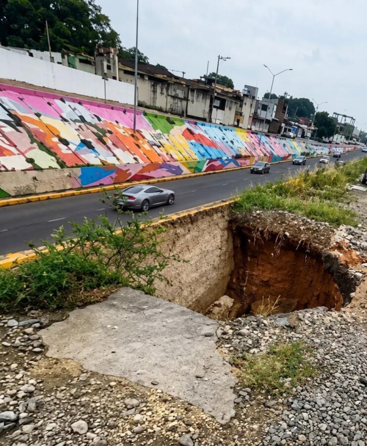 Crece enorme socavón al lado del Puente de la colonia La Bomba