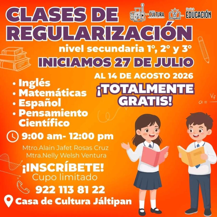 ¡Habrá clases gratuitas de regularización para estudiantes de secundaria en Jáltipan!; esto sabemos