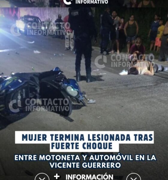 Mujer termina lesionada tras fuerte choque entre motoneta y automóvil en la Vicente Guerrero