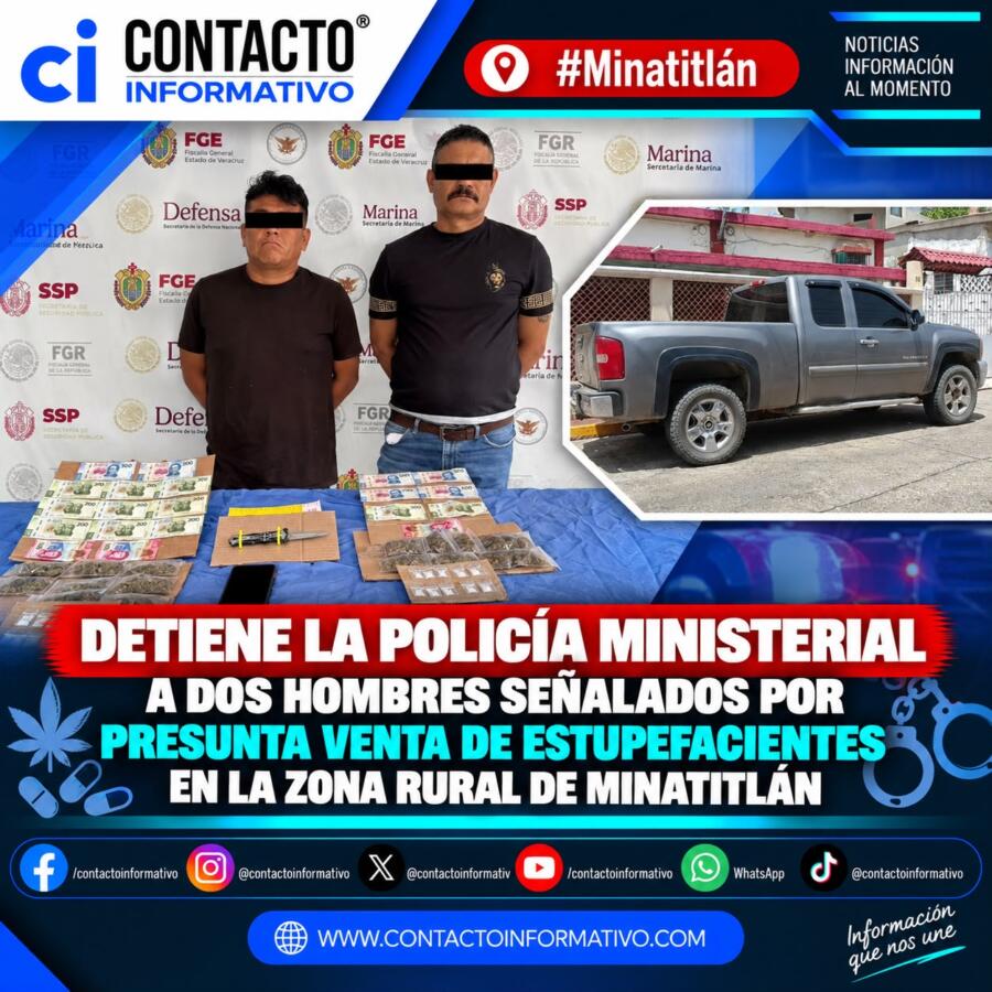 Detiene la Policía Ministerial a dos hombres señalados por presunta venta de estupefacientes en la zona rural de Minatitlán