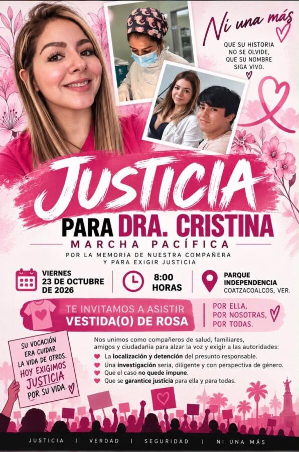 Convocan a marcha pacífica en Coatzacoalcos para exigir justicia por feminicidio de la doctora Cristina Ramos