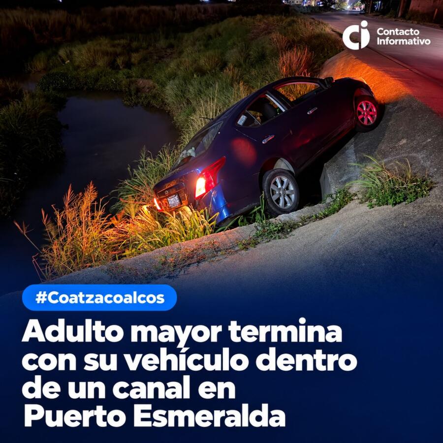 Adulto mayor termina con su vehículo dentro de un canal en Puerto Esmeralda