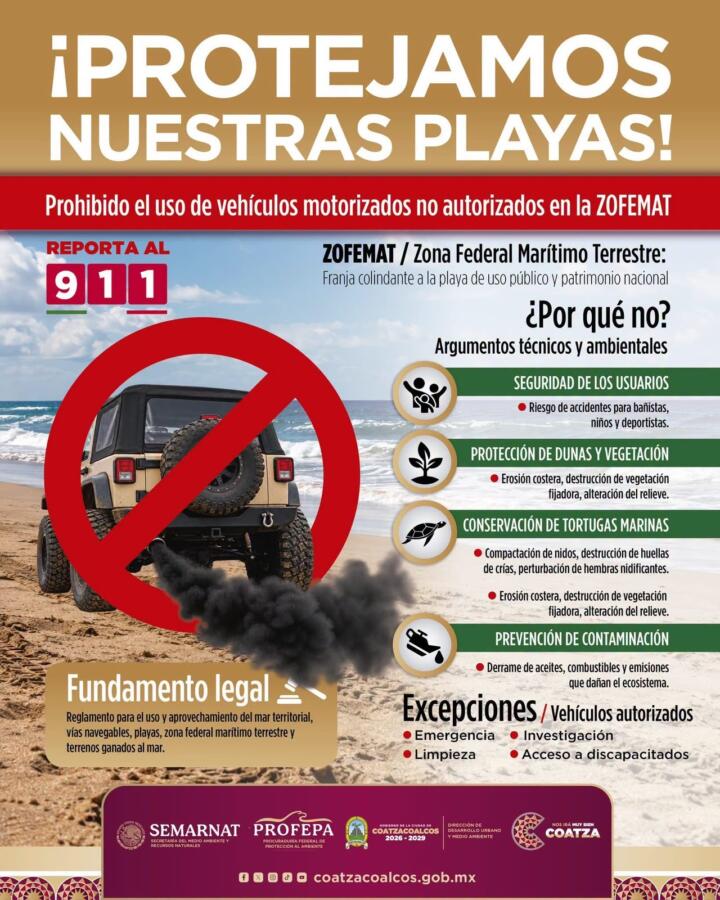 Autoridades llaman a evitar vehículos motorizados en playas de Coatzacoalcos